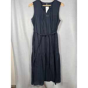 Uniqlo Maxi Dress Minimalism Dark Blue Gingham Belt Tiered 100% Cotton